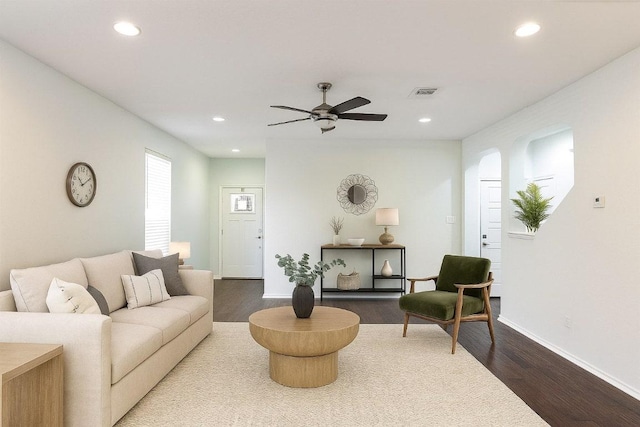 404 Buttercup Creek Blvd Unit 19, Cedar Park, TX 78613 - living area featuring wood finished floors, recessed lighting, and ceiling fan
