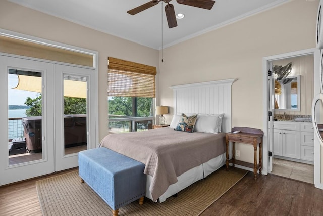 4910 Owen Ln, Temple, TX 76502 - bedroom featuring access to exterior, crown molding, wood finished floors, ensuite bathroom, and ceiling fan