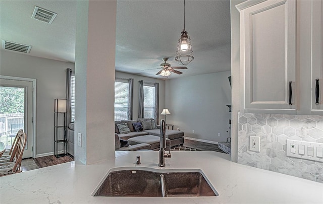 2712 Kickapoo Cavern Dr, Pflugerville, TX 78660 - kitchen with backsplash, ceiling fan, open floor plan, light countertops, and pendant lighting