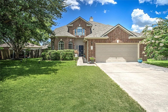 2712 Kickapoo Cavern Dr, Pflugerville, TX 78660 - traditional-style house featuring brick siding, concrete driveway, a garage, a chimney, and a shingled roof