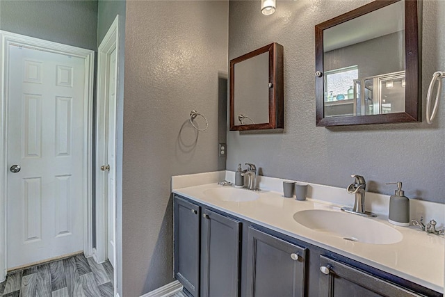 2712 Kickapoo Cavern Dr, Pflugerville, TX 78660 - bathroom with a textured wall, double vanity, and a shower with shower door