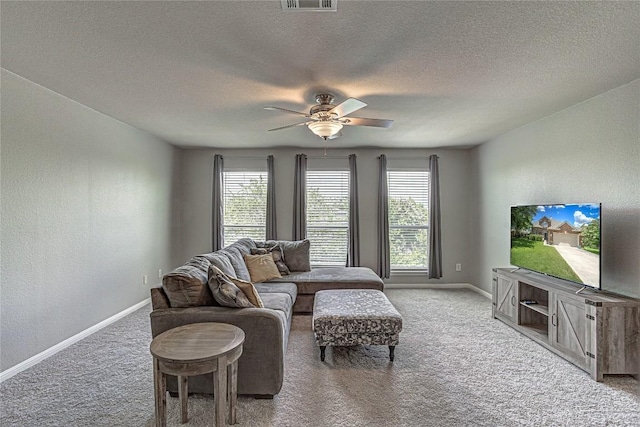 2712 Kickapoo Cavern Dr, Pflugerville, TX 78660 - carpeted living area featuring ceiling fan, a textured ceiling, and a textured wall
