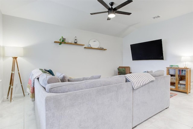 114 Creek Hollow Dr, Hutto, TX 78634 - living room with vaulted ceiling, a ceiling fan, and light tile patterned floors