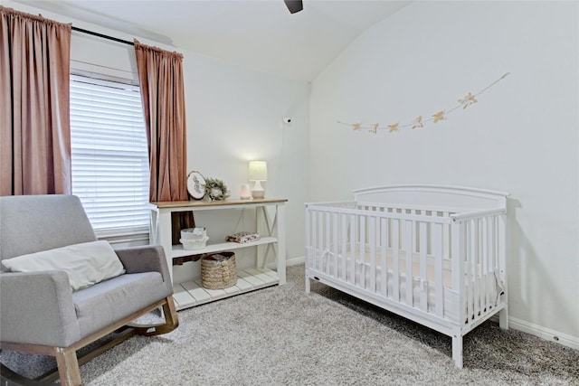 114 Creek Hollow Dr, Hutto, TX 78634 - bedroom with lofted ceiling, carpet floors, a nursery area, and ceiling fan