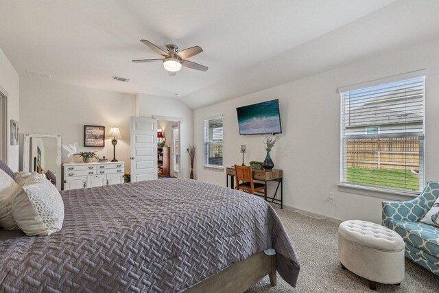 111 Krause Springs Dr, Hutto, TX 78634 - bedroom with carpet floors, ceiling fan, and vaulted ceiling