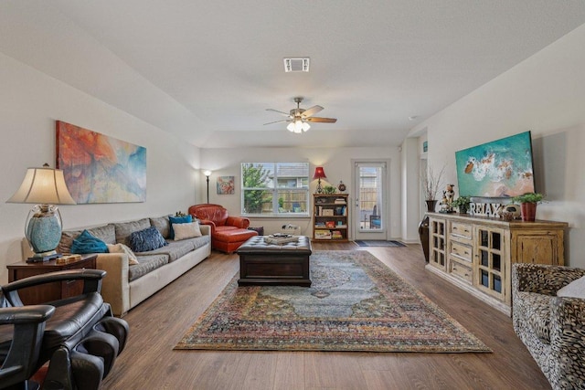 111 Krause Springs Dr, Hutto, TX 78634 - living room featuring wood finished floors and ceiling fan