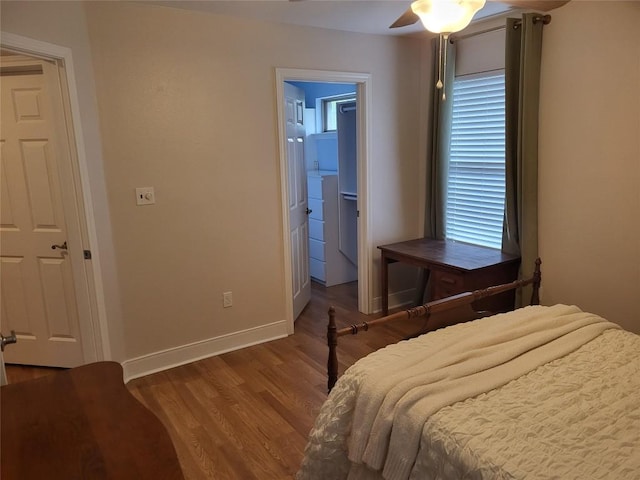 236 Makaha Dr, Bastrop, TX 78602 - bedroom featuring wood finished floors and ceiling fan