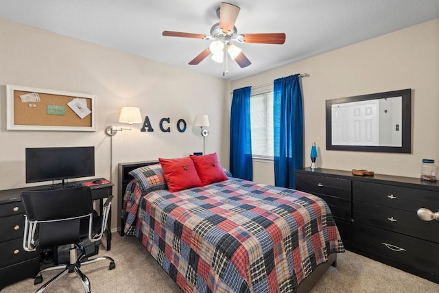 1111 Whitley Dr, Leander, TX 78641 - bedroom with light colored carpet, a ceiling fan, and an office area