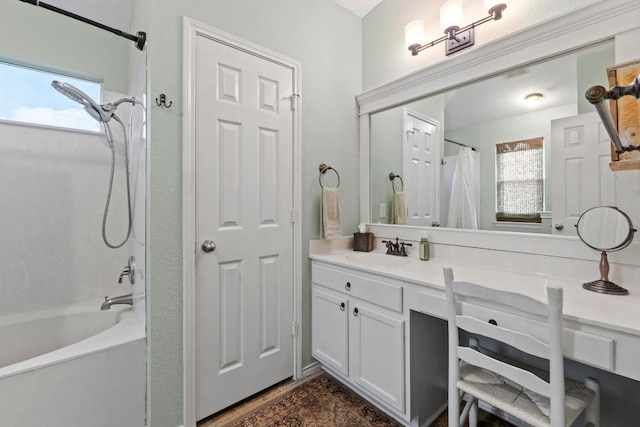 1111 Whitley Dr, Leander, TX 78641 - bathroom with plenty of natural light, vanity, and shower / tub combo with curtain
