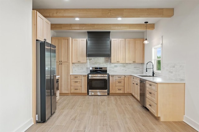 280 Bali Hai Ln, Bastrop, TX 78602 - kitchen featuring light brown cabinets, stainless steel appliances, wall chimney exhaust hood, beamed ceiling, and backsplash