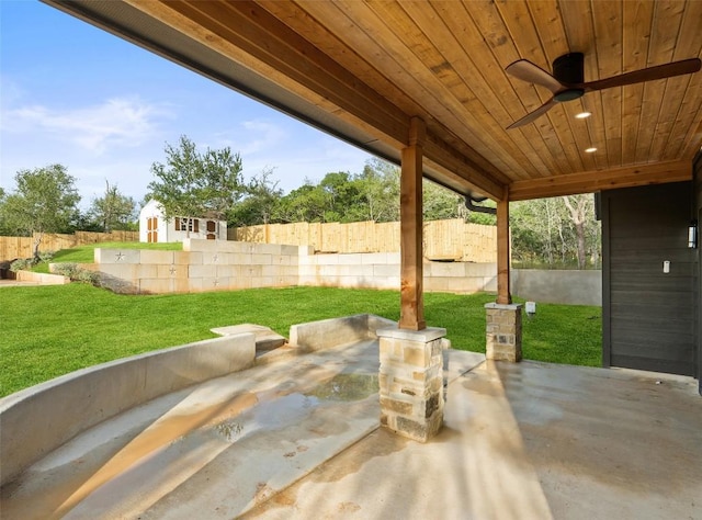 280 Bali Hai Ln, Bastrop, TX 78602 - view of patio / terrace featuring a ceiling fan and a storage shed