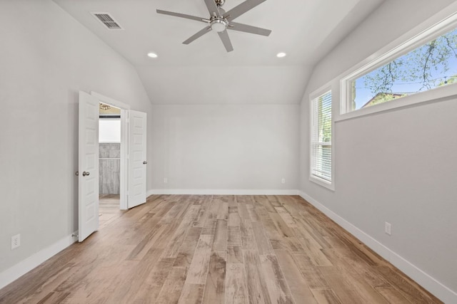 4 Country Ct, Wimberley, TX 78676 - unfurnished room with lofted ceiling, light wood finished floors, a ceiling fan, and recessed lighting