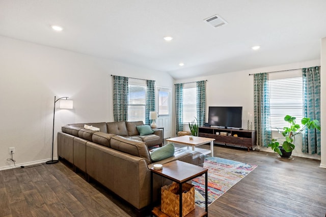1004 Norway, Seguin, TX 78155 - living room with dark wood-type flooring, recessed lighting, and vaulted ceiling