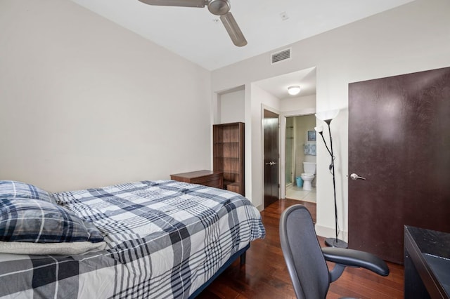 1320 Robert Browning St Unit 208, Austin, TX 78723 - bedroom featuring wood finished floors, connected bathroom, a ceiling fan, and an office area