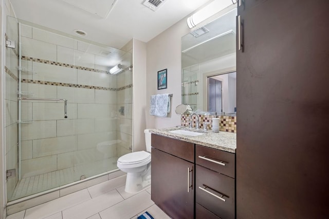 1320 Robert Browning St Unit 208, Austin, TX 78723 - full bathroom with vanity, a stall shower, tile patterned floors, and tasteful backsplash