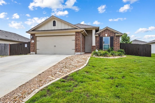 296 Blooming Trl, Kyle, TX 78640 - ranch-style house featuring brick siding, driveway, a garage, and board and batten siding