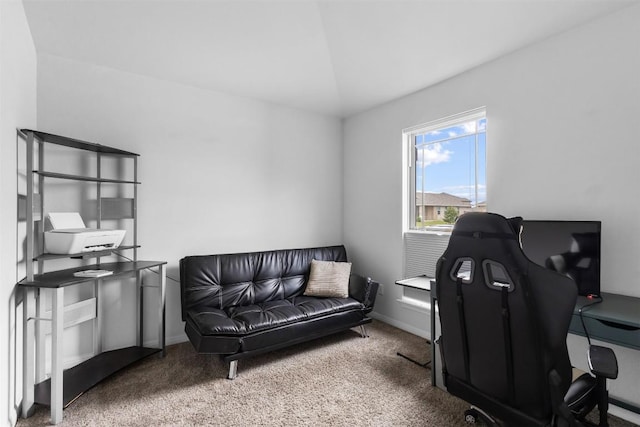 296 Blooming Trl, Kyle, TX 78640 - carpeted office featuring lofted ceiling and baseboards