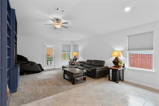 296 Blooming Trl, Kyle, TX 78640 - living room with ceiling fan, light carpet, and recessed lighting