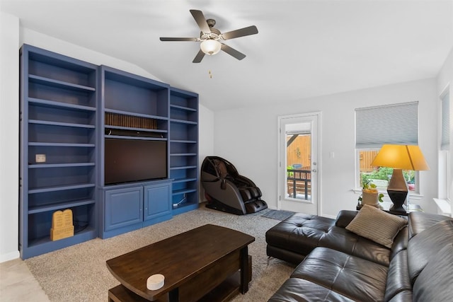 296 Blooming Trl, Kyle, TX 78640 - living area with a ceiling fan, vaulted ceiling, and carpet