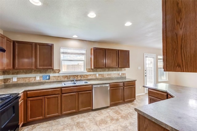 9104 Single Bend Trl, Temple, TX 76502 - kitchen with dishwasher, black / electric stove, backsplash, light tile patterned floors, and brown cabinetry