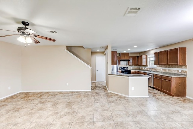9104 Single Bend Trl, Temple, TX 76502 - kitchen featuring black range with electric cooktop, dishwasher, ceiling fan, open floor plan, and recessed lighting