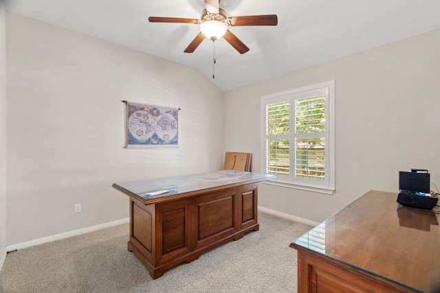 1403 Adam Ave, Burnet, TX 78611 - office area featuring a ceiling fan, lofted ceiling, and light carpet