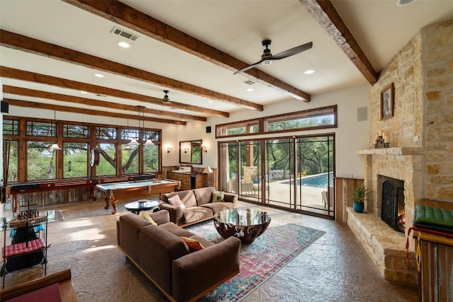 601 Crystal Creek Dr, Austin, TX 78746 - living area featuring billiards, beam ceiling, a ceiling fan, and a fireplace