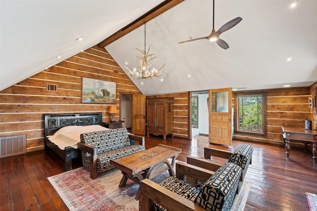 601 Crystal Creek Dr, Austin, TX 78746 - bedroom featuring wood walls, vaulted ceiling, wood-type flooring, and a chandelier