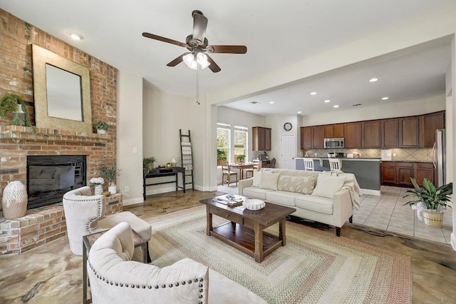 250 Lexington Dr, Austin, TX 78737 - living area featuring ceiling fan, recessed lighting, and a brick fireplace