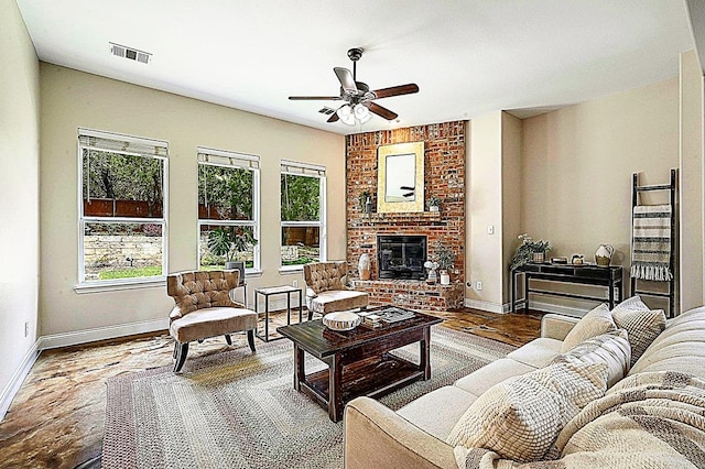250 Lexington Dr, Austin, TX 78737 - living room with ceiling fan, wood finished floors, and a fireplace