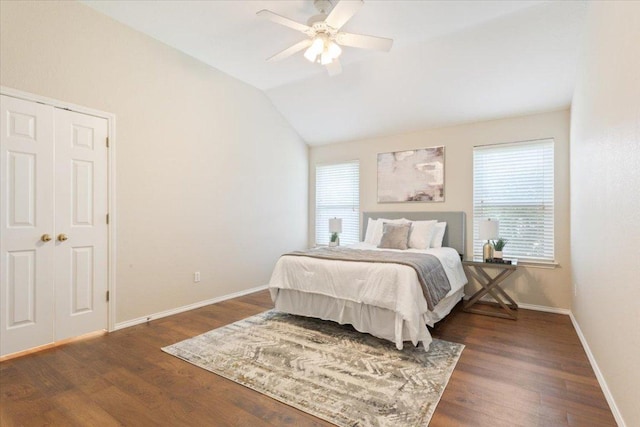 1811 Indian Summer Pass, Round Rock, TX 78665 - bedroom with multiple windows, wood finished floors, vaulted ceiling, and ceiling fan
