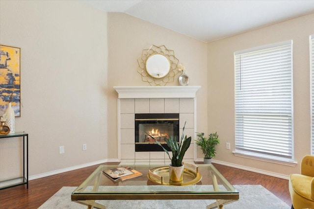 1811 Indian Summer Pass, Round Rock, TX 78665 - living room with wood finished floors, healthy amount of natural light, and a tiled fireplace