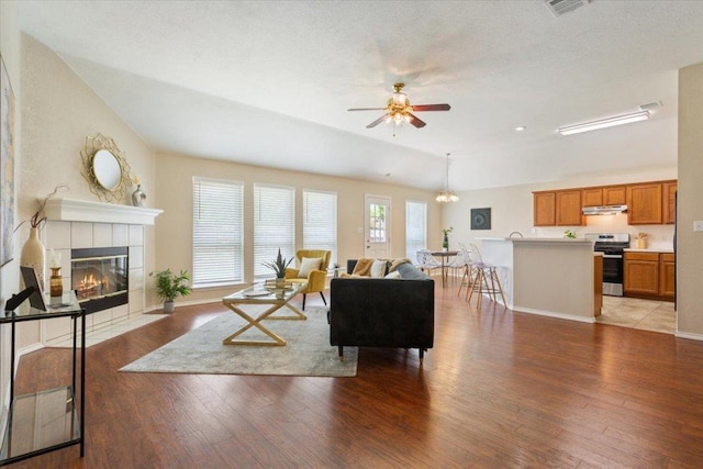 1811 Indian Summer Pass, Round Rock, TX 78665 - living room featuring ceiling fan, light wood-type flooring, and a tiled fireplace