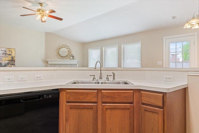 1811 Indian Summer Pass, Round Rock, TX 78665 - kitchen featuring dishwasher, brown cabinetry, light countertops, vaulted ceiling, and tasteful backsplash