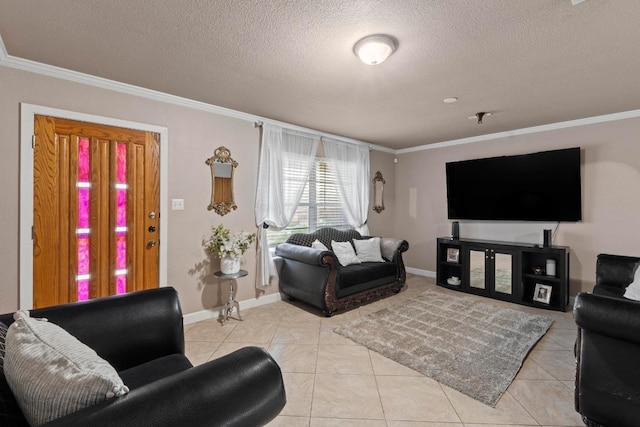11907 Oak Trl, Austin, TX 78753 - living room featuring crown molding, a textured ceiling, and light tile patterned flooring
