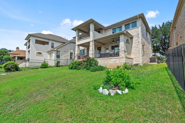 5724 Brittlyns Ct, Austin, TX 78730 - back of property with ceiling fan and stone siding