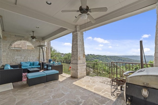 5724 Brittlyns Ct, Austin, TX 78730 - view of patio / terrace with ceiling fan, an outdoor living space, and a grill