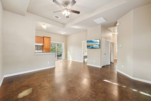 14613 Branding Iron Pass, Austin, TX 78734 - unfurnished living room with ceiling fan and baseboards
