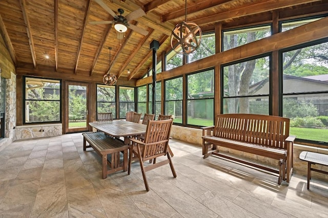 11001 Spicewood Club Dr, Austin, TX 78750 - sunroom featuring a wooden ceiling with exposed beams, high vaulted ceiling, and healthy amount of natural light