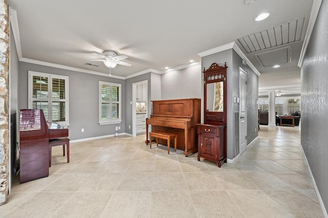 11001 Spicewood Club Dr, Austin, TX 78750 - living area with attic access, a ceiling fan, ornamental molding, and recessed lighting