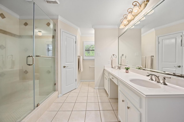 11001 Spicewood Club Dr, Austin, TX 78750 - bathroom featuring double vanity, a stall shower, tile patterned flooring, and crown molding