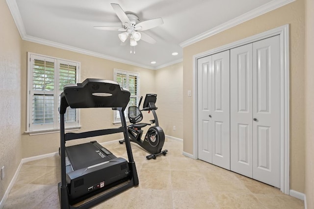 11001 Spicewood Club Dr, Austin, TX 78750 - exercise room featuring ornamental molding and a ceiling fan