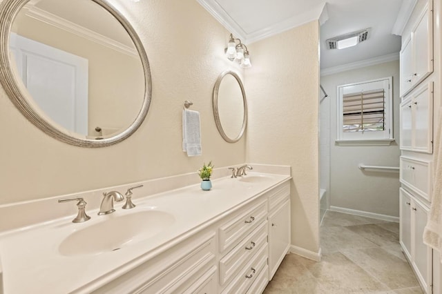 11001 Spicewood Club Dr, Austin, TX 78750 - full bathroom featuring double vanity, crown molding, and shower / bath combination