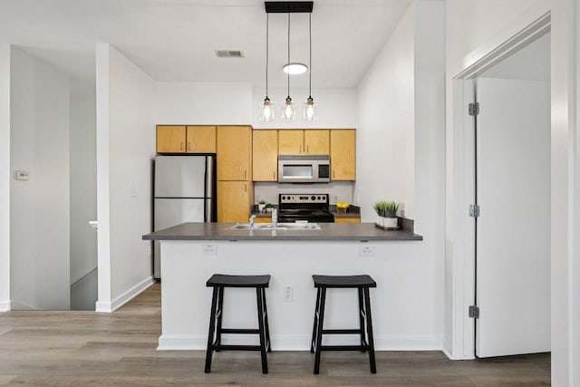 1201 Grove Blvd Unit 1502, Austin, TX 78741 - kitchen with stainless steel appliances, a peninsula, dark countertops, decorative light fixtures, and dark wood-type flooring