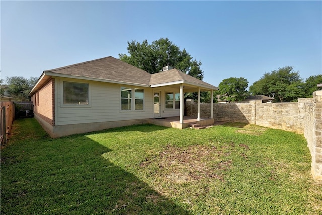 14400 Mowsbury Dr, Austin, TX 78717 - rear view of house featuring a fenced backyard, a patio, a shingled roof, and a chimney