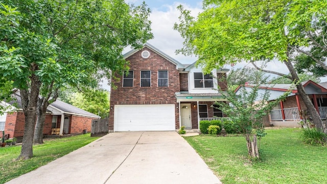 8086 Thaxton Rd, Austin, TX 78747 - traditional home with a garage, brick siding, driveway, a front lawn, and a porch
