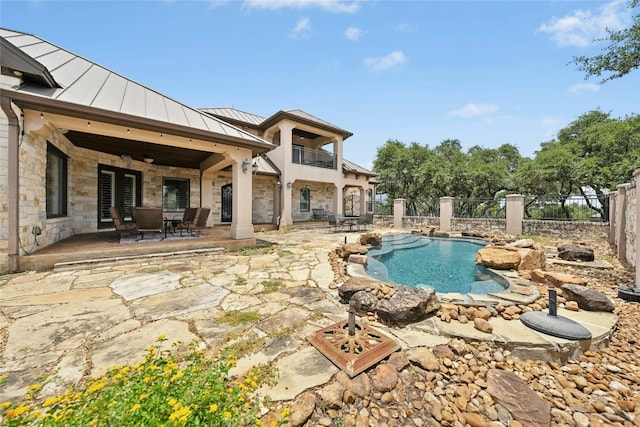 1073 Las Brisas Dr, Canyon Lake, TX 78133 - view of pool with a patio area, a ceiling fan, and outdoor dining area