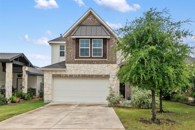 209 Lambert St, Leander, TX 78641 - view of front facade with stone siding, a garage, driveway, board and batten siding, and a front lawn