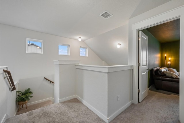 209 Lambert St, Leander, TX 78641 - hall featuring an upstairs landing, carpet floors, and lofted ceiling