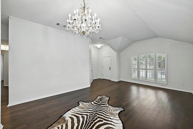 6428 Clay Allison Pass, Austin, TX 78749 - unfurnished living room with wood finished floors, a chandelier, crown molding, and vaulted ceiling
